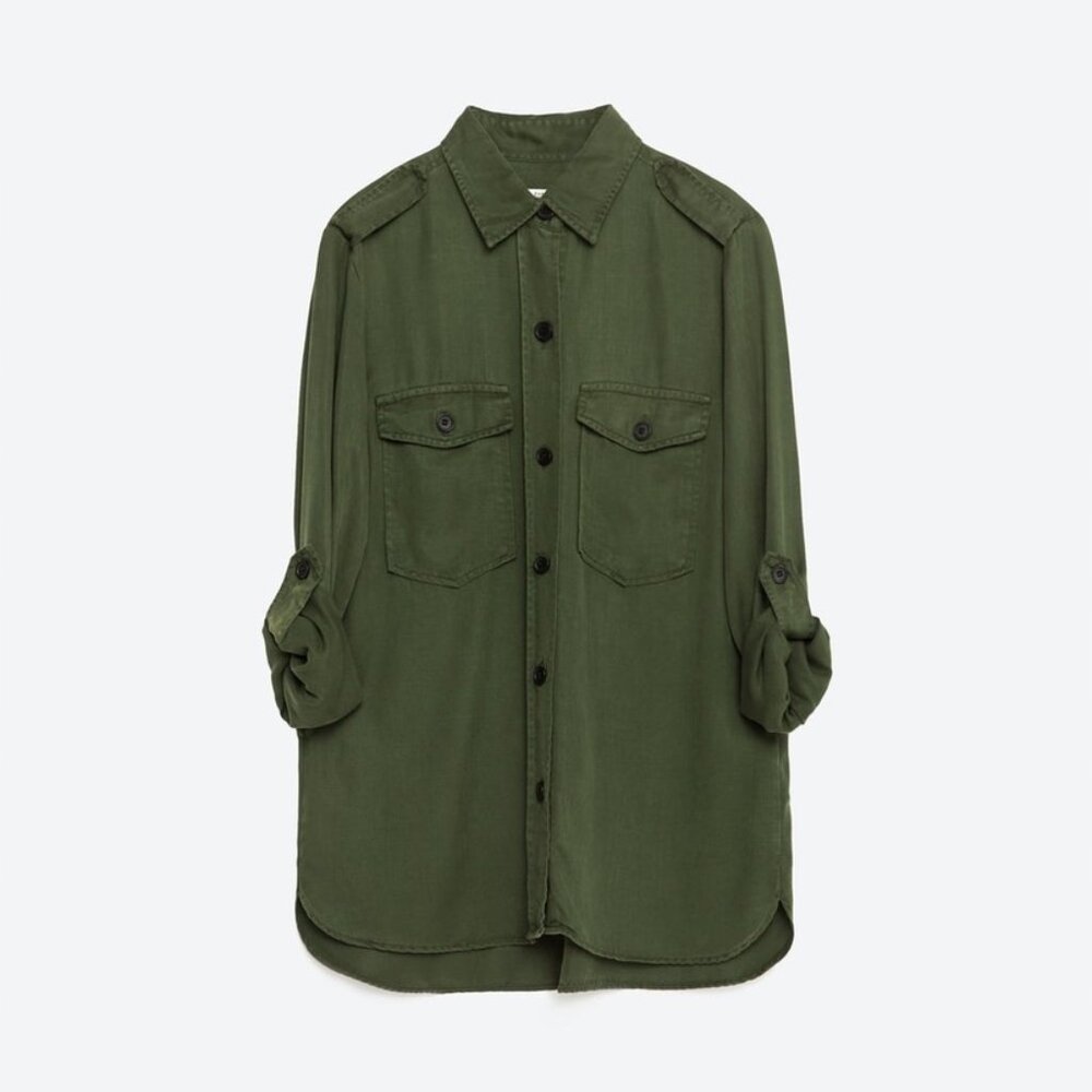 Zara Woman Premium Denim Collection Olive Green Button Down Shirt Medium